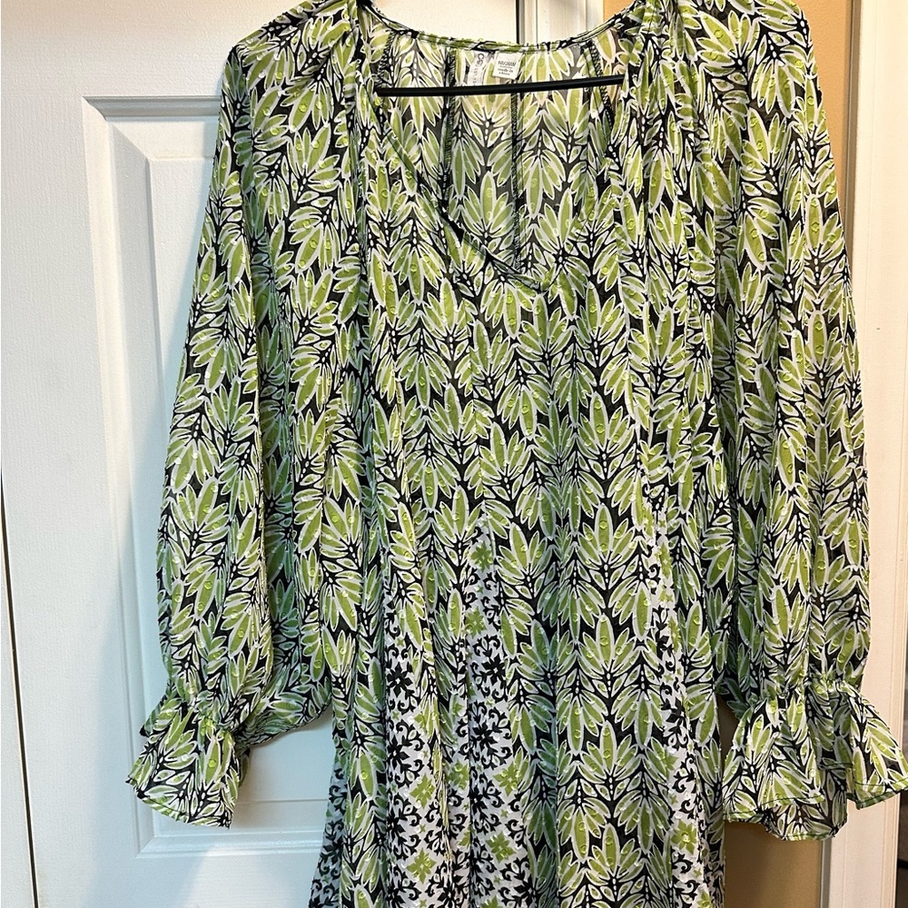 Cato Leaf Print Green and Black Blouse